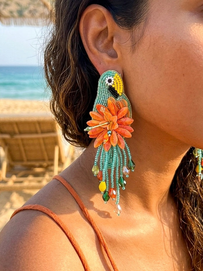 Luxe Paradise Teal Mint Lagoon Orange Parrot Handmade Beaded Bird Earrings
