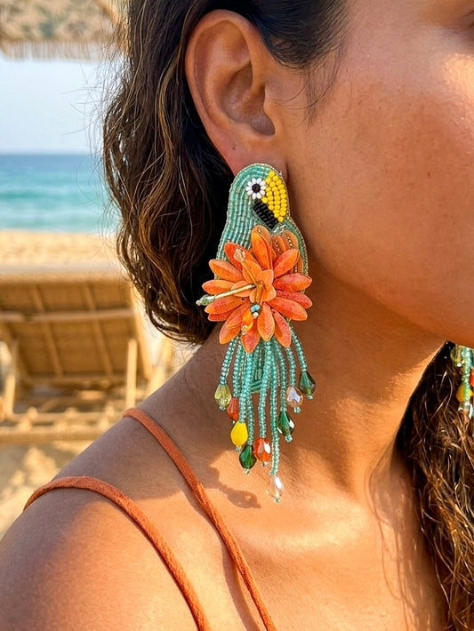 Luxe Paradise Teal Mint Lagoon Orange Parrot Handmade Beaded Bird Earrings
