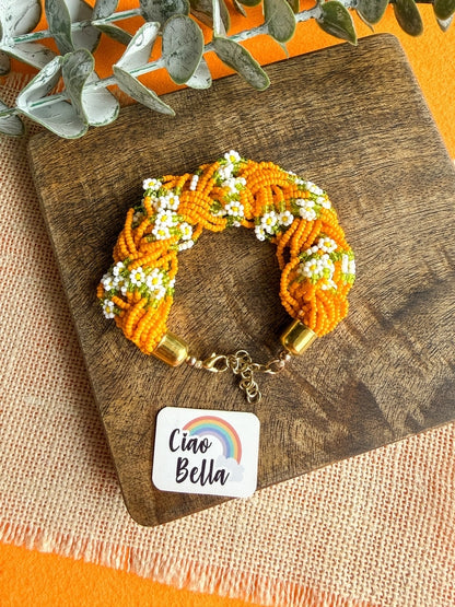 Luxe Flora Orange Handmade Beaded Bracelet + Ring Combo