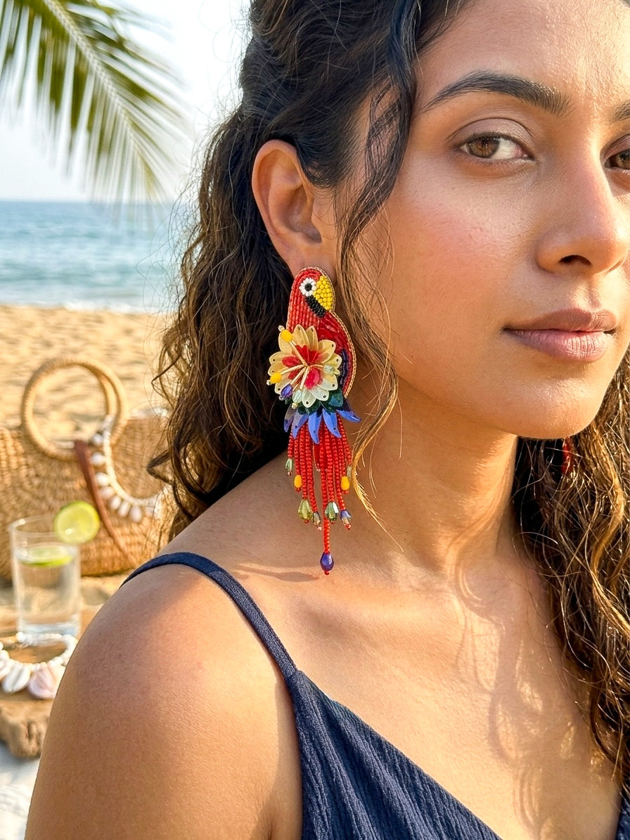 Luxe Paradise Red Parrot Handmade Beaded Bird Earrings