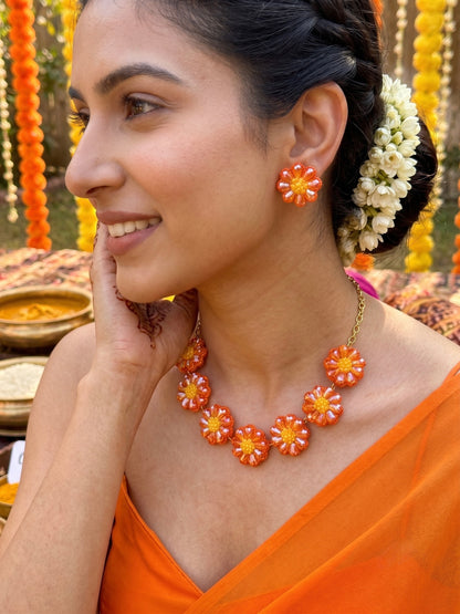Sparkling Orange Daisy Flower Handmade Beaded Necklace + Earrings Set