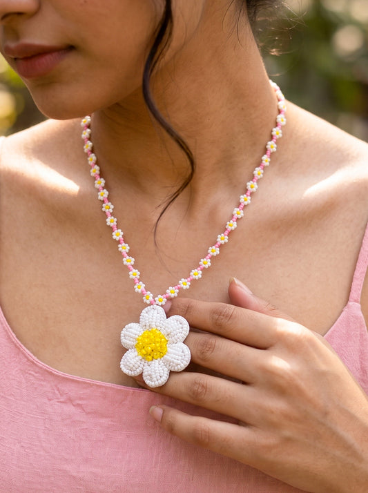 Spring Bloom Blush Pink Daisy Handmade Beaded Necklace