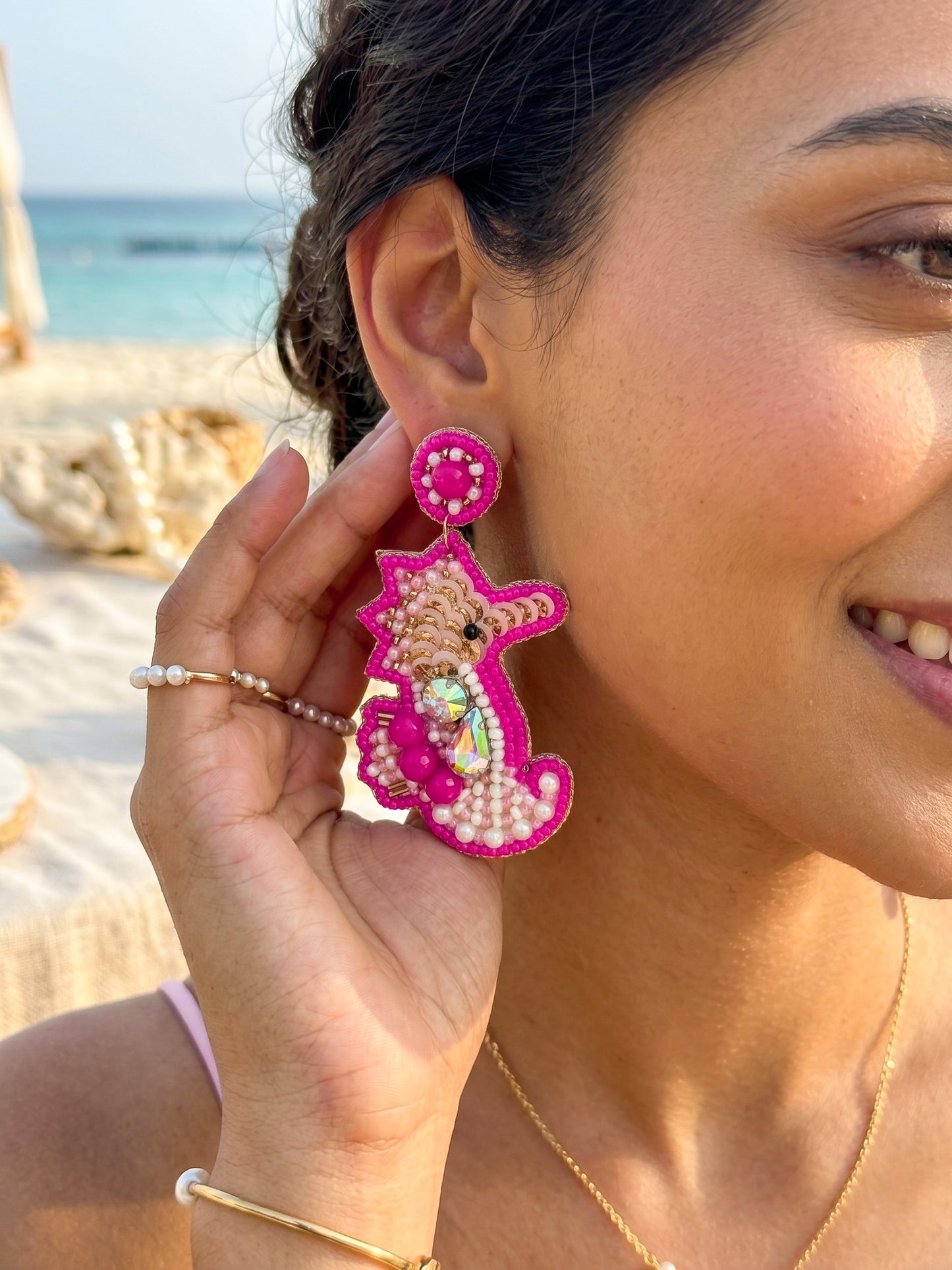 Candy Pink Seahorse Handmade Beaded Earrings