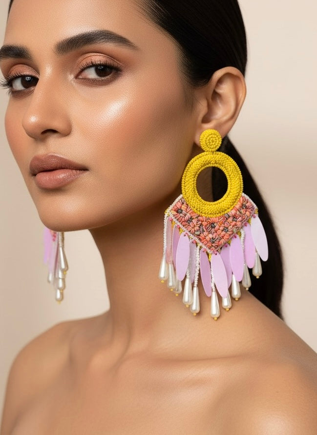 Zehra Yellow Handmade Beaded Tassel Earrings