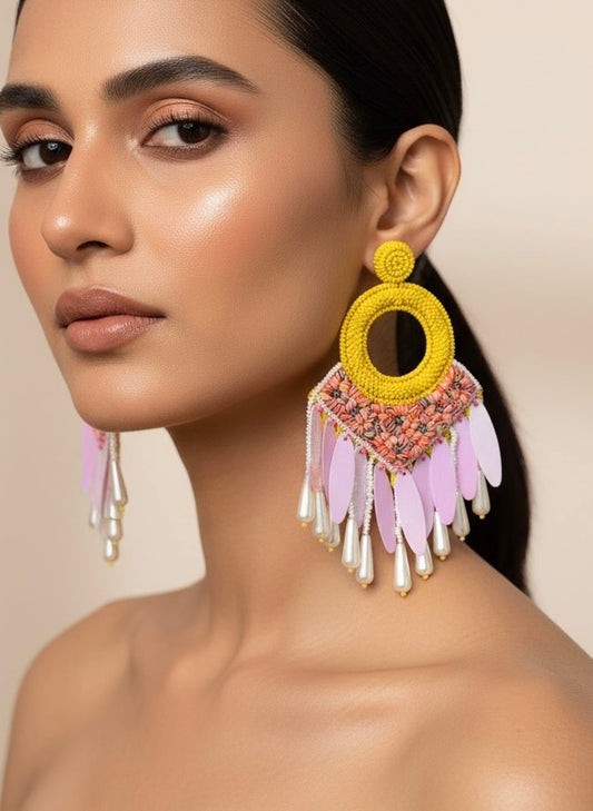 Zehra Yellow Handmade Beaded Tassel Earrings