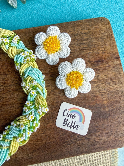 Luxe Flora Light Blue Yellow Handmade Beaded Necklace + Earrings Set