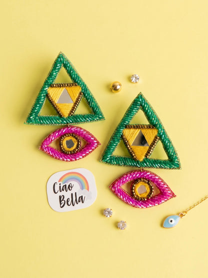 Electric Green & Pink Evil Eye Handmade Beaded Earrings