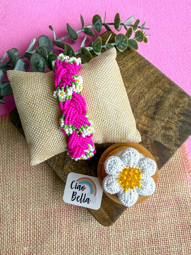Luxe Flora Rose Pink Handmade Beaded Bracelet + Ring Combo