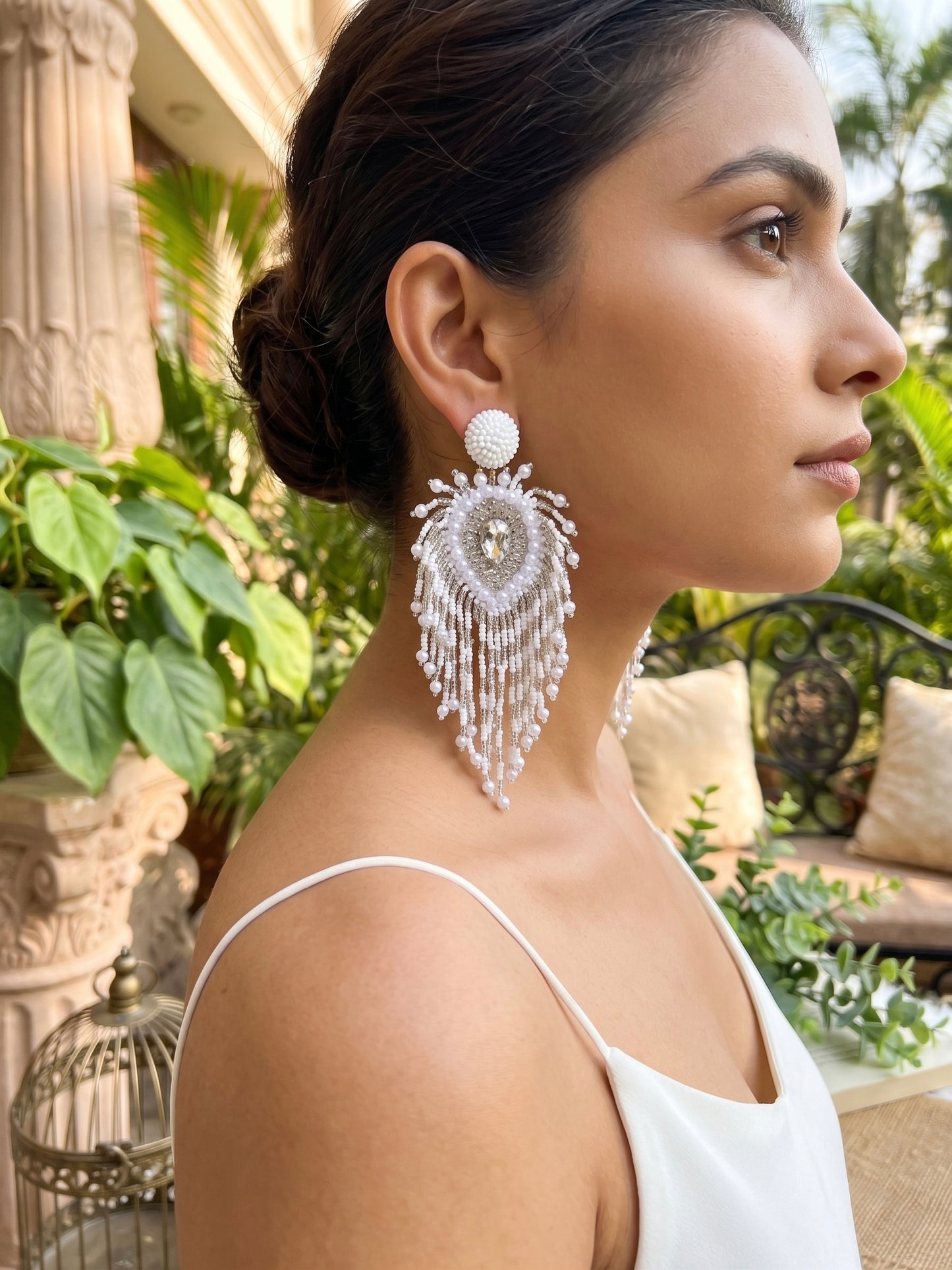 Noorani Peacock Handmade Beaded Bird Feather Tassel Earrings