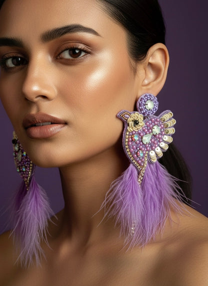 Glamorous Lilac Birdies Handmade Beaded Bird Earrings