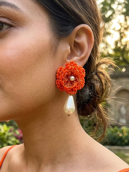 Crochet Orange 3D Rose Pearl Drops Flower Handmade Beaded Earrings