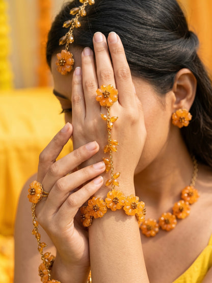 Sparkling Sunflower Handmade Beaded Haldi Jewellery Set (Necklace + Earrings + Hathphools + Maangtika)