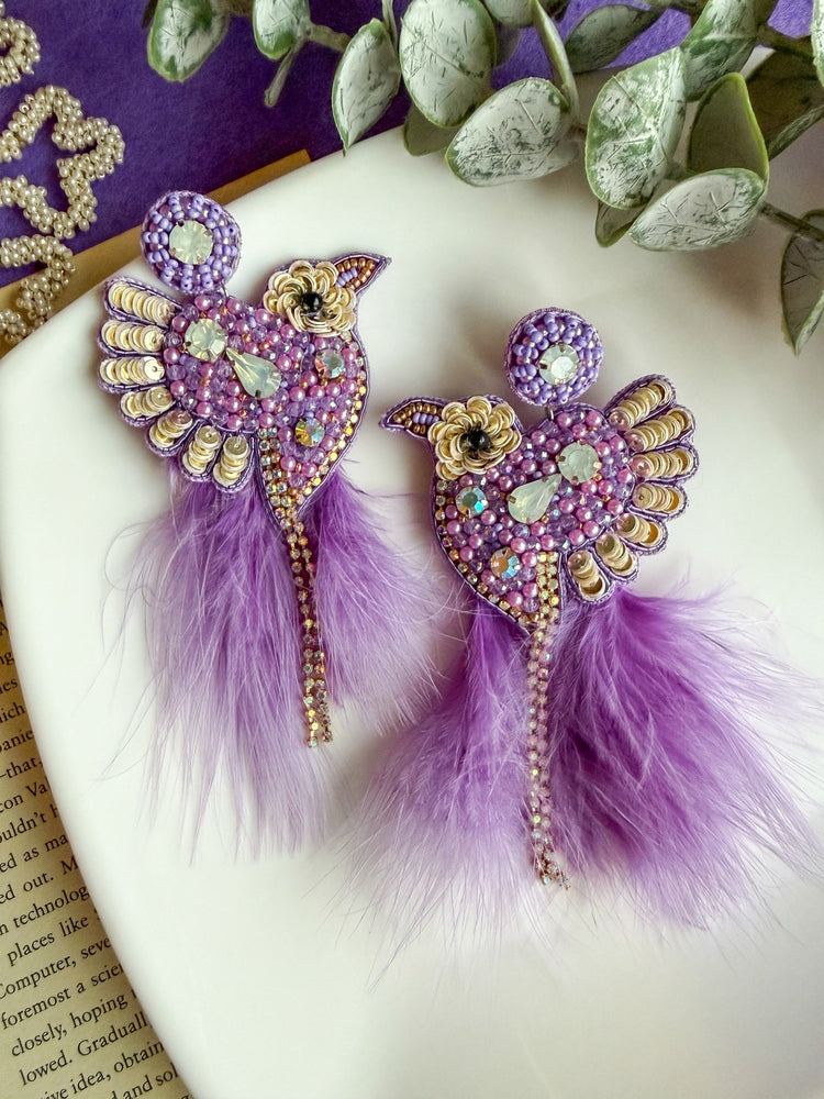 Glamorous Lilac Birdies Handmade Beaded Bird Earrings