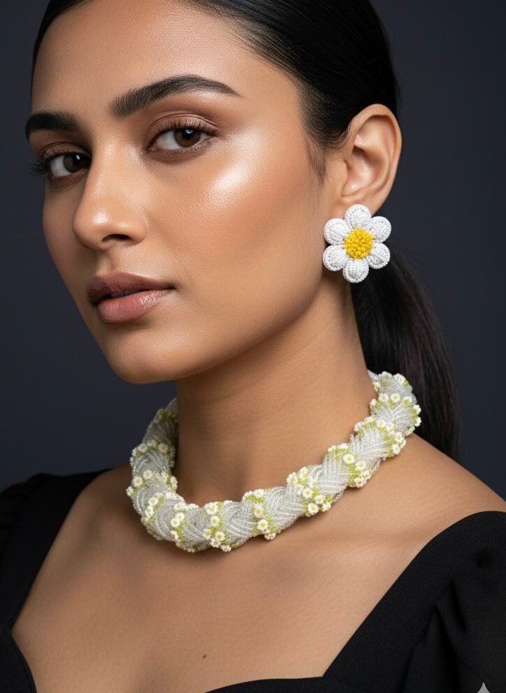Luxe Flora Silver White Handmade Beaded Necklace + Earrings Set
