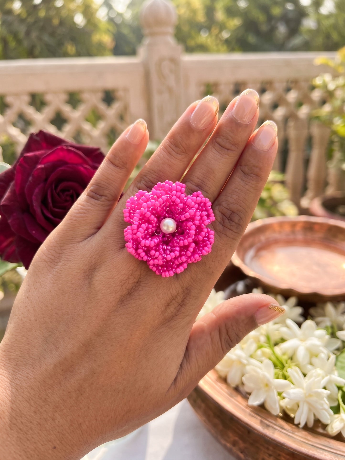 Crochet Pink 3D Rose Flower Handmade Beaded Ring