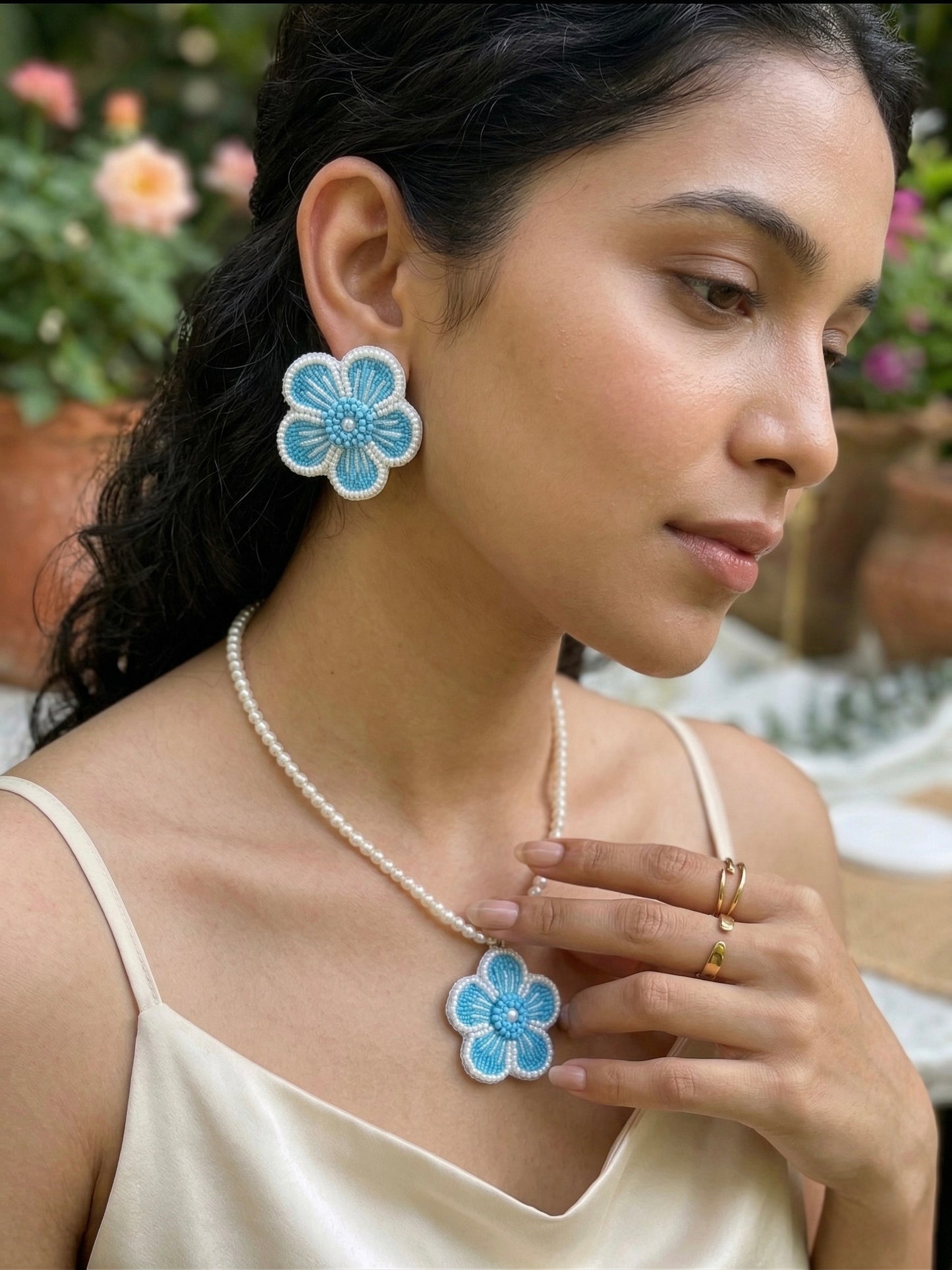 Aqua Blue Blossom Flower Handmade Beaded Necklace + Earrings Set