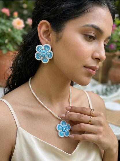 Aqua Blue Blossom Flower Handmade Beaded Necklace + Earrings Set