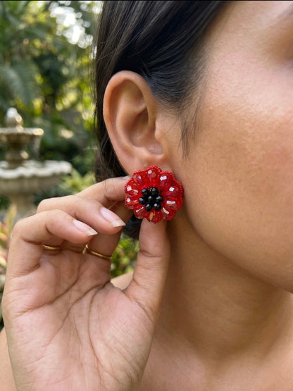 Sparkling Red Flower Handmade Beaded Stud Earrings
