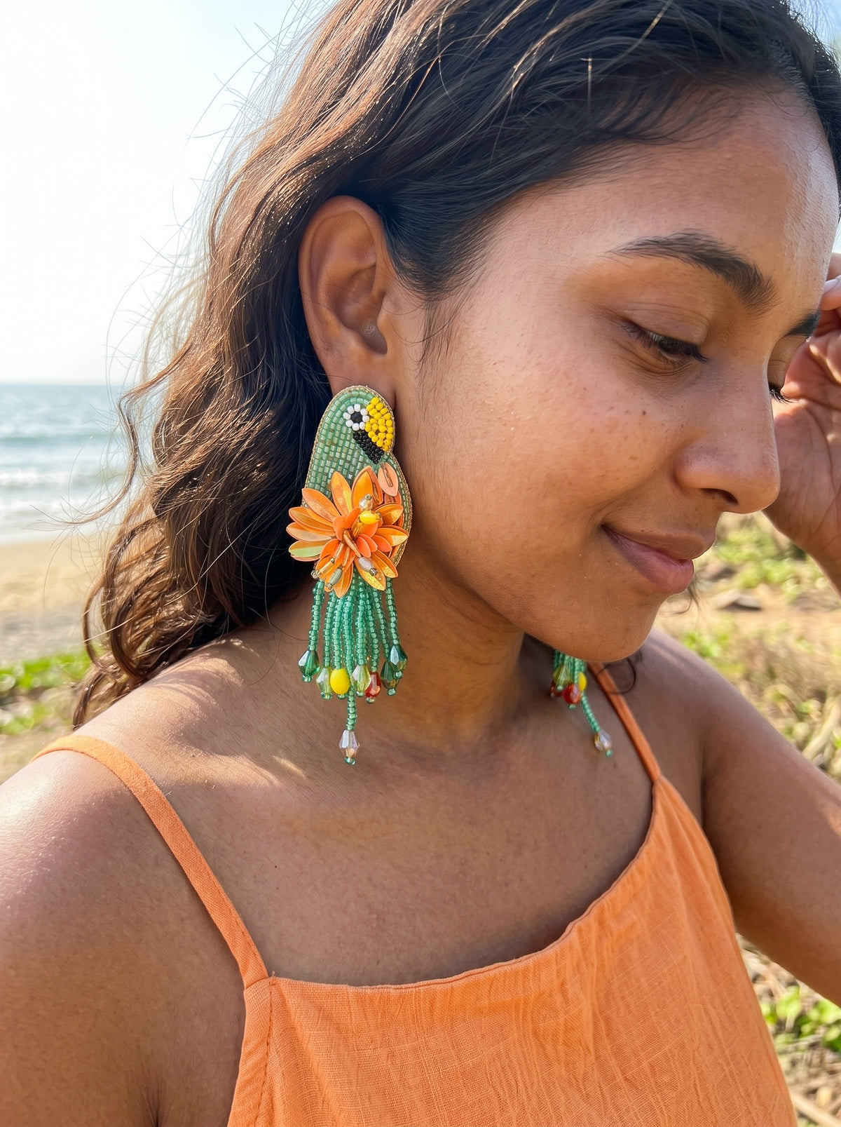 Luxe Paradise Teal Mint Lagoon Orange Parrot Handmade Beaded Bird Earrings