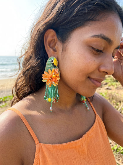 Luxe Paradise Teal Mint Lagoon Orange Parrot Handmade Beaded Bird Earrings