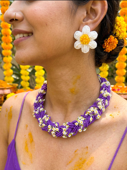 Luxe Flora Purple Handmade Beaded Necklace + Earrings Set