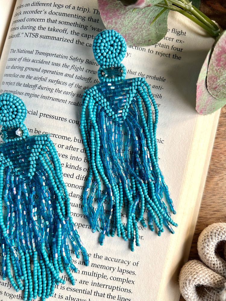 Tropical Teal Handmade Beaded Tassel Earrings