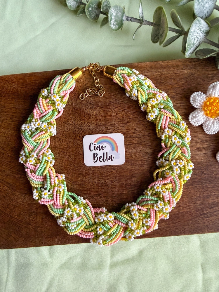 Luxe Flora Green Pink Yellow Handmade Beaded Necklace + Earrings Set