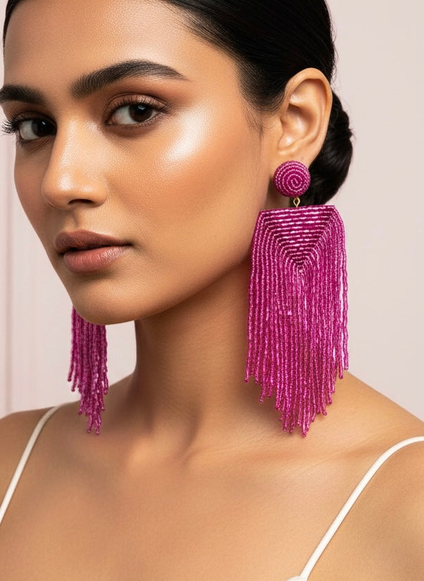 Luxe Rosey Handmade Beaded Tassel Earrings