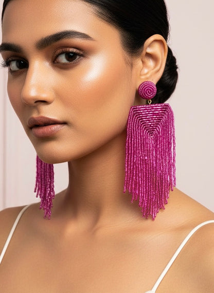 Luxe Rosey Handmade Beaded Tassel Earrings