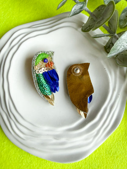 Chirpy Forest Green Blue Parrot Handmade Beaded Bird Earrings
