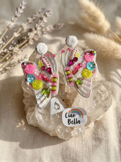 Kaleido Wings White Handmade Beaded Butterfly Earrings