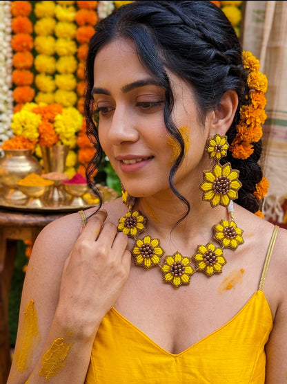 Sunflower Handmade Beaded Necklace + Earrings Set