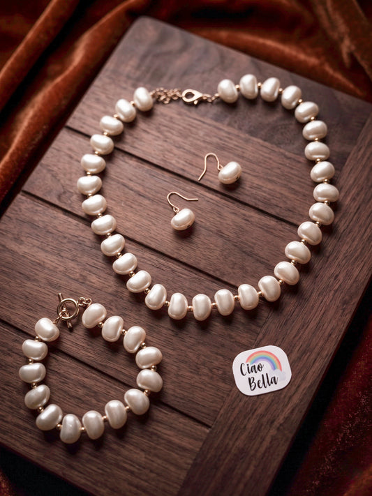 Celina Pearl Handmade Necklace + Earrings + Bracelet Set
