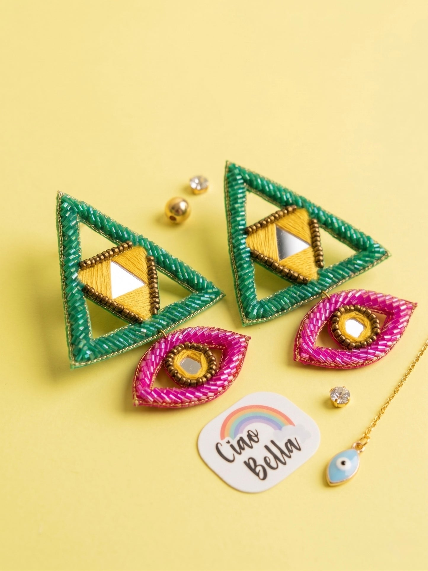 Electric Green & Pink Evil Eye Handmade Beaded Earrings
