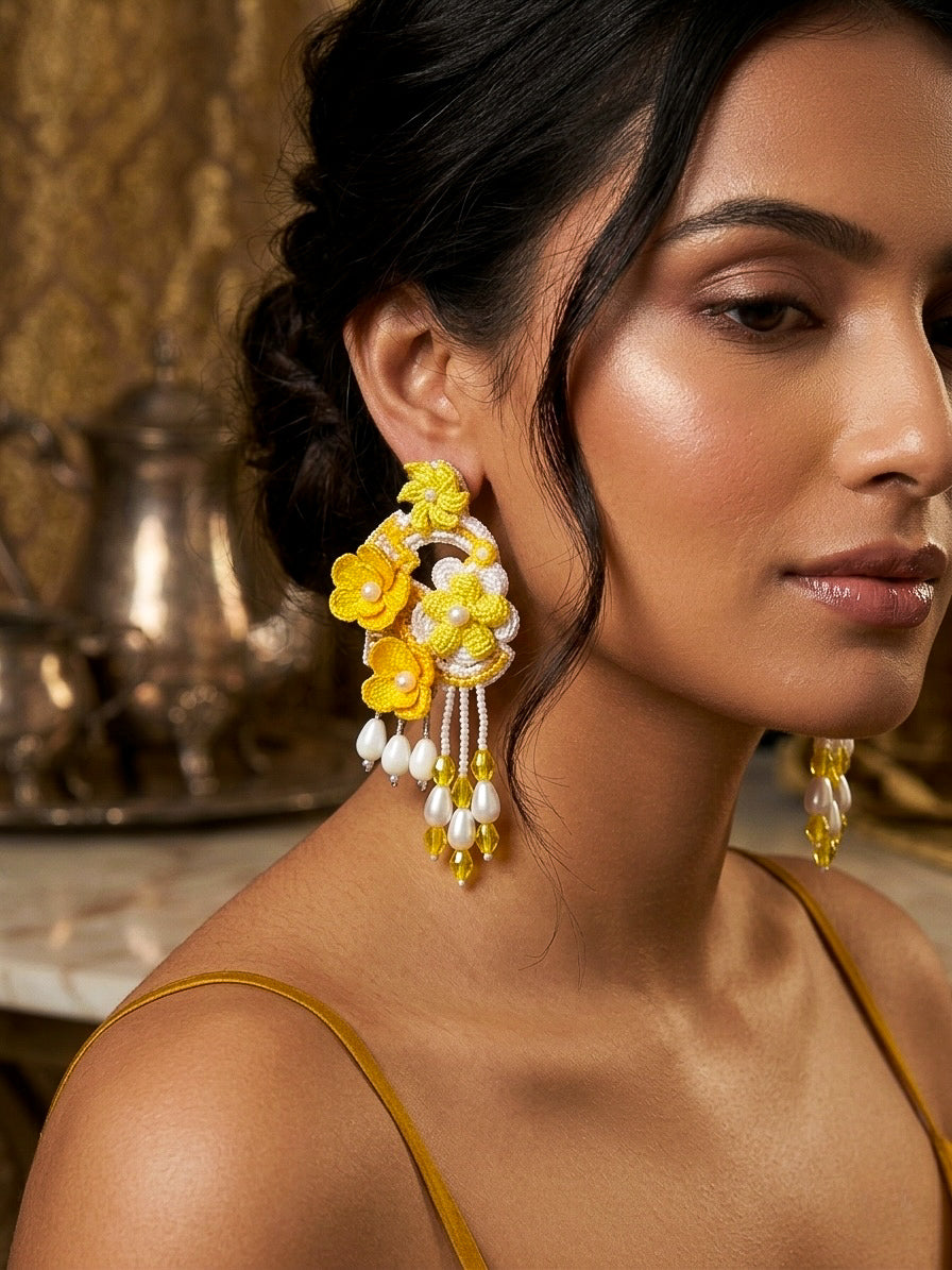 Golden Yellow Tulip 3D Flower Statement Handmade Beaded Earrings
