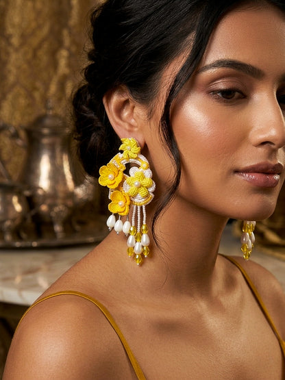 Golden Yellow Tulip 3D Flower Statement Handmade Beaded Earrings