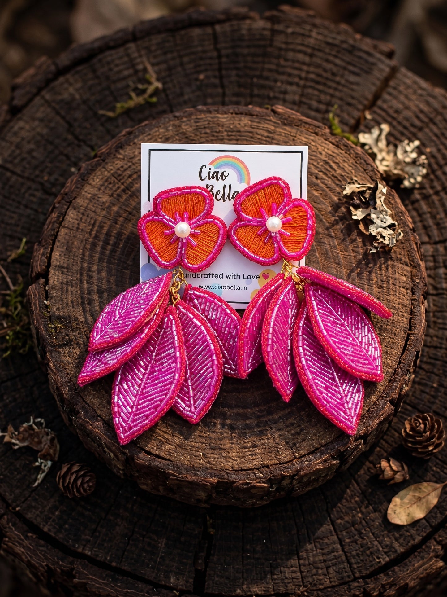 Luxe Leafy Affair Hot Pink Handmade Beaded Butterfly Earrings