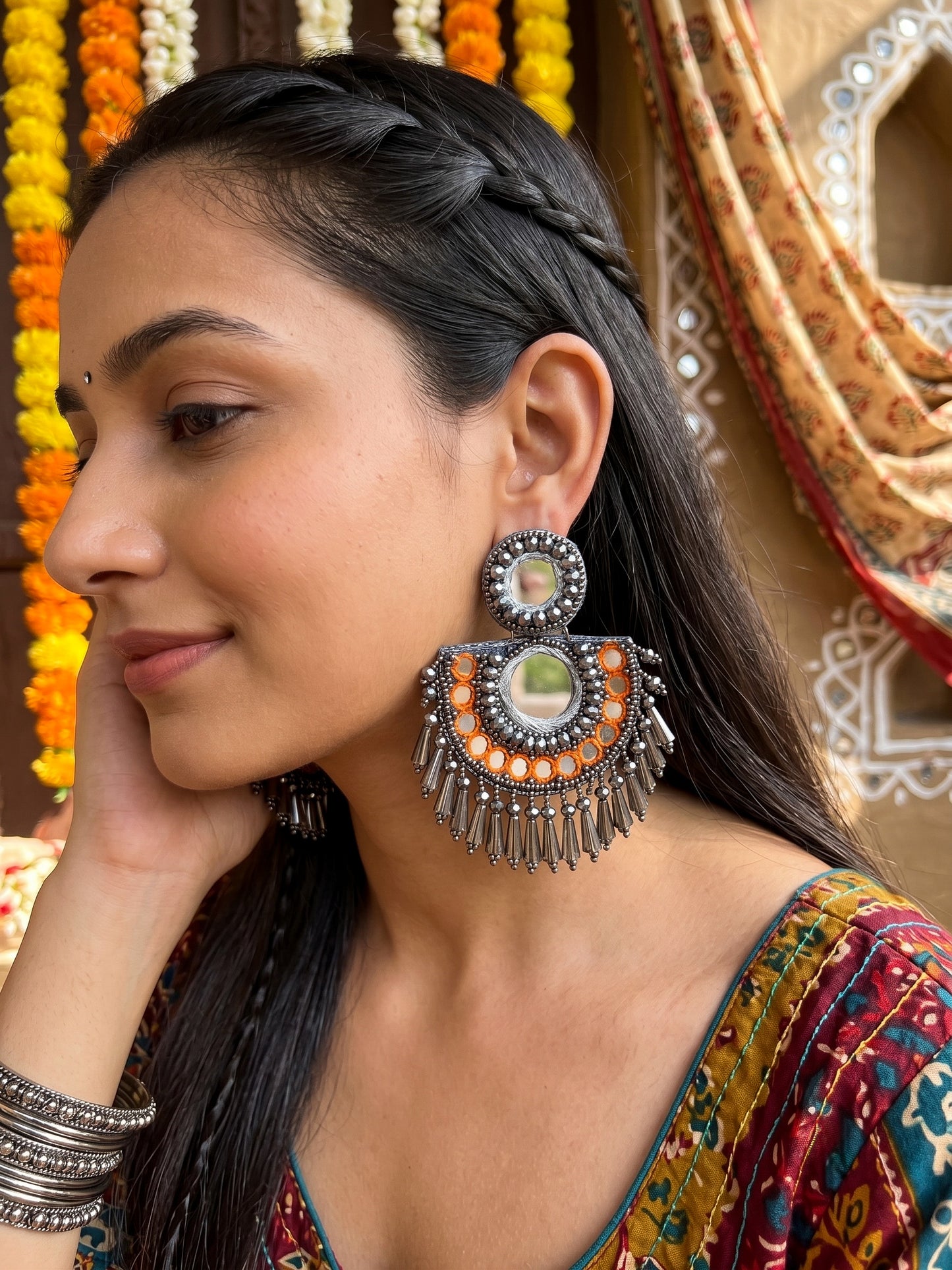 Chandrika Mirror Orange Handmade Beaded Earrings