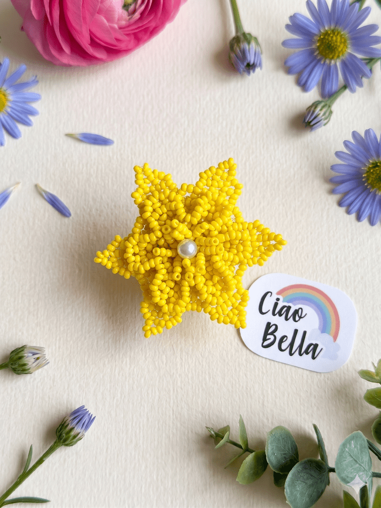 Sunshine Yellow Delicate Snowflake 3D Crochet Handmade Beaded Ring