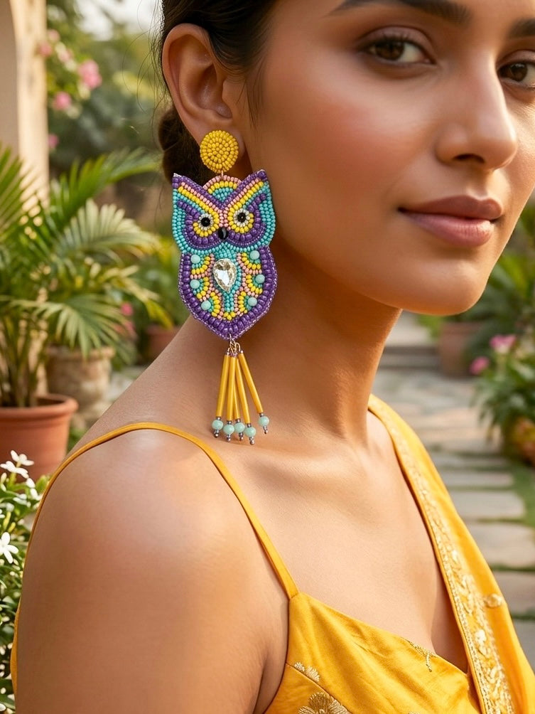 Chirpy Owl Yellow Handmade Beaded Bird Earrings