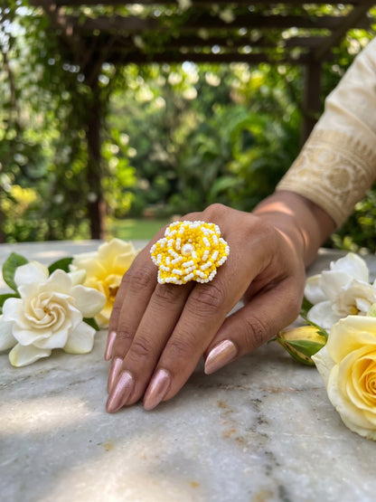 Crochet Yellow White 3D Rose Flower Handmade Beaded Ring