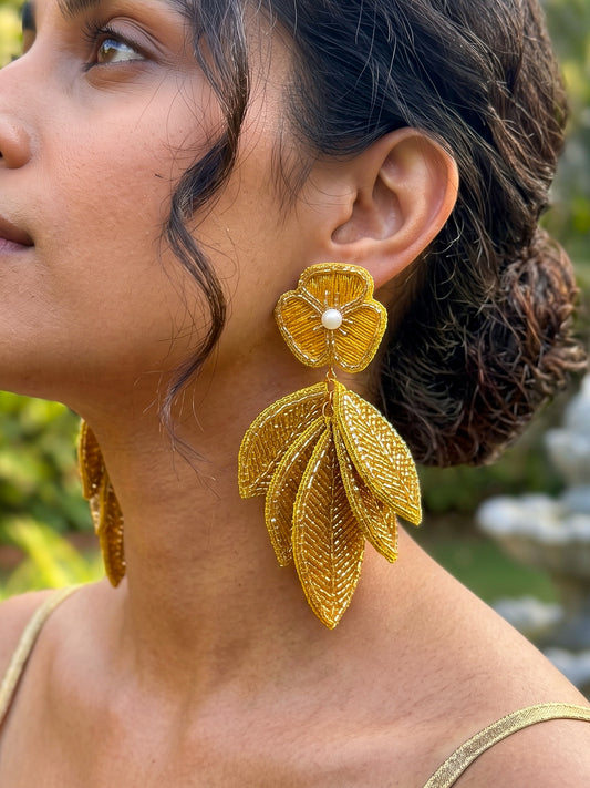 Luxe Leafy Affair Gold Handmade Beaded Butterfly Earrings