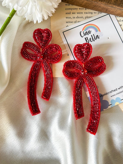 Glam Bow (Deep Red) Handmade Beaded Earrings