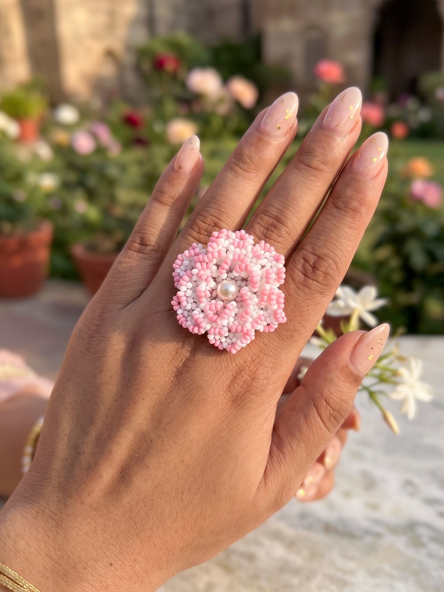 Crochet White Blush Pink 3D Rose Flower Handmade Beaded Ring