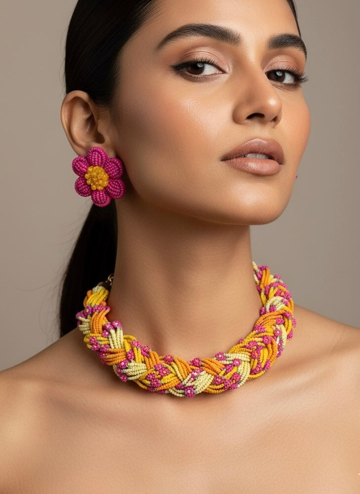 Luxe Flora Marigold Handmade Beaded Necklace + Earrings Set