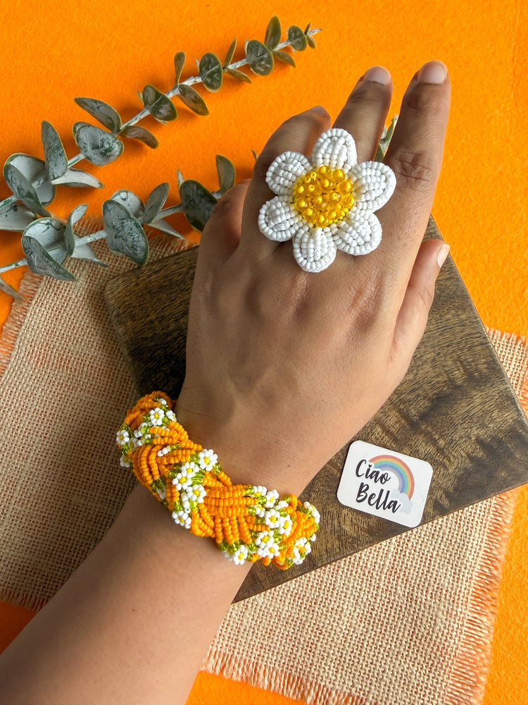 Luxe Flora Orange Handmade Beaded Bracelet + Ring Combo