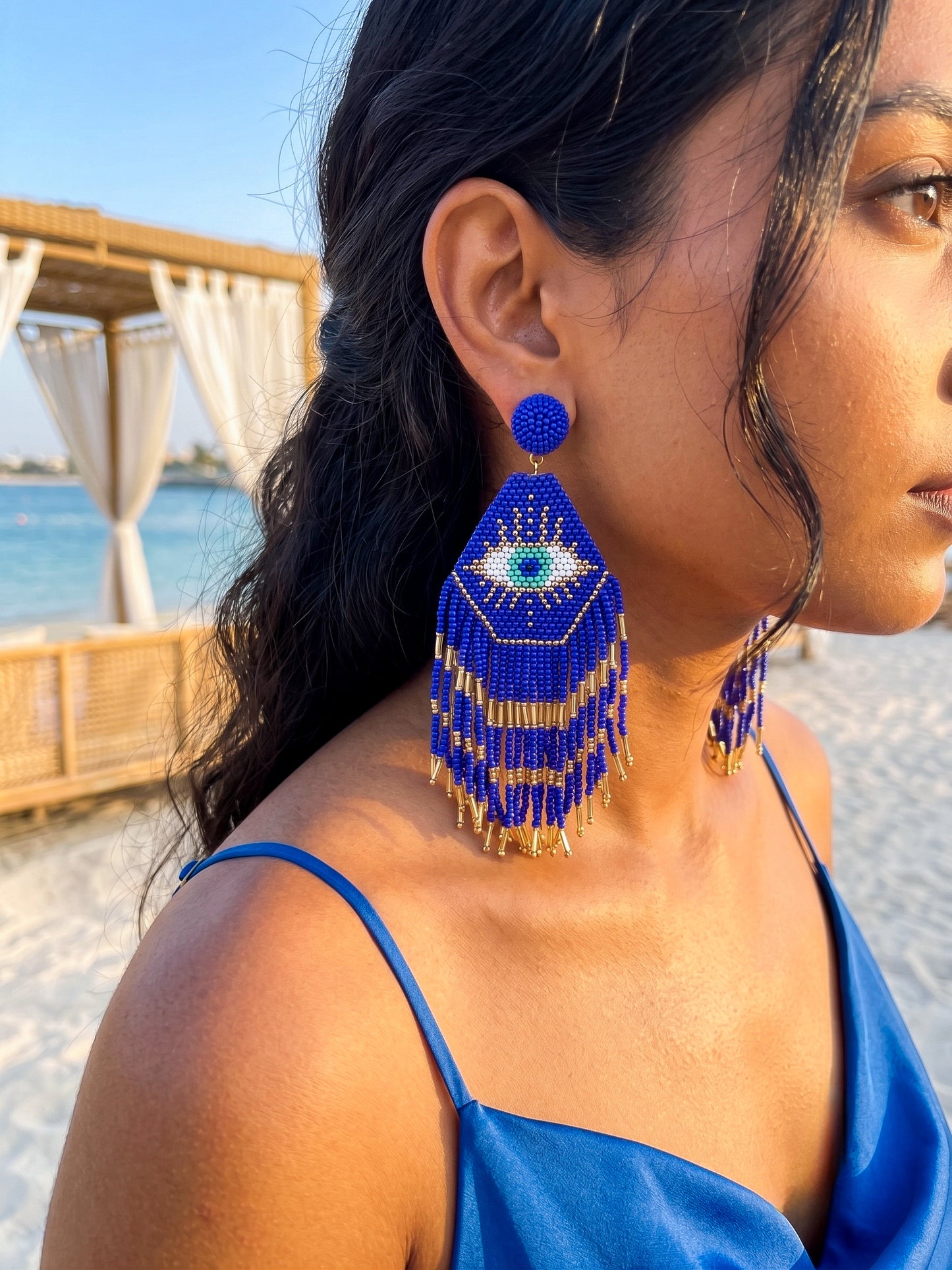 Nazarbattu Blue Evil Eye Handmade Beaded Tassel Earrings