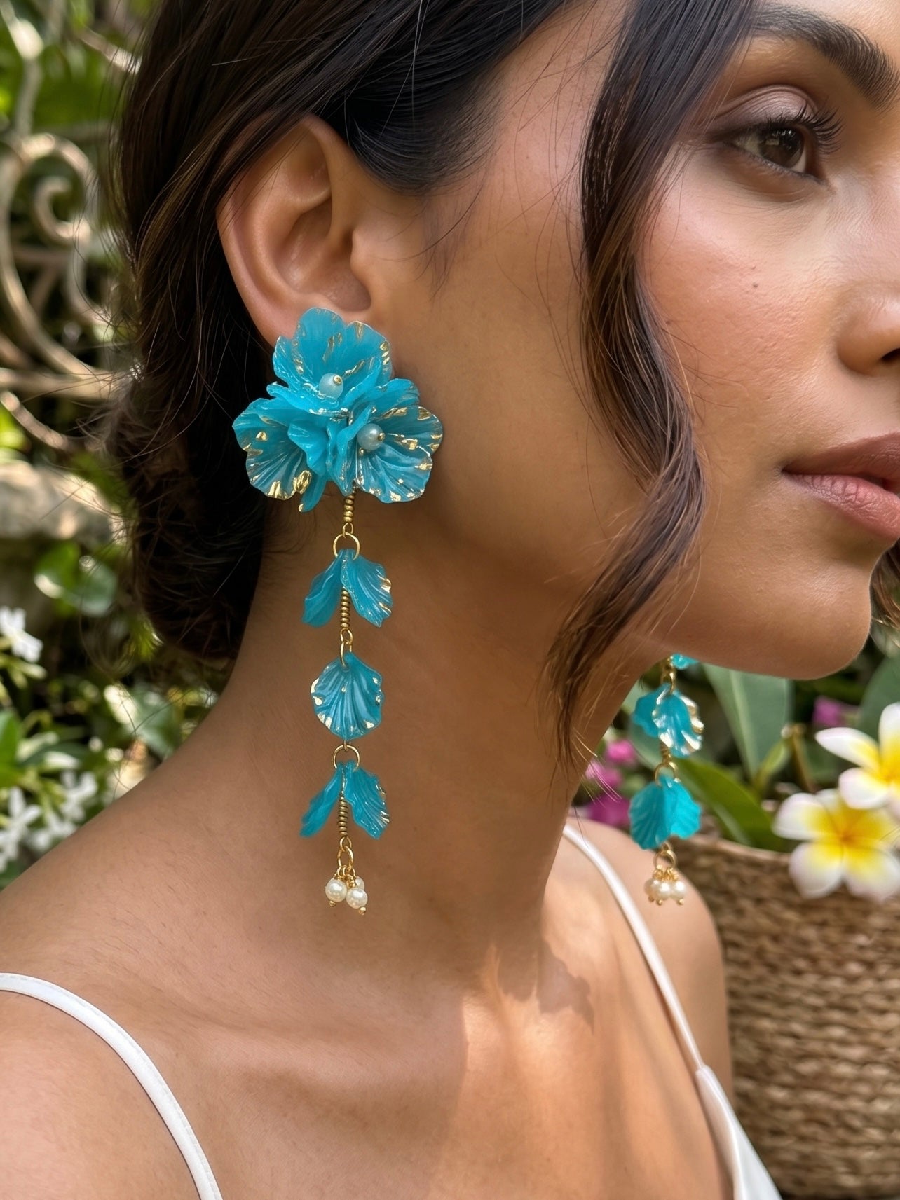 Aurelia Flower Teal Blue Statement Handmade Beaded Earrings