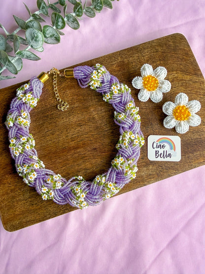 Luxe Flora Lilac Handmade Beaded Necklace + Earrings Set