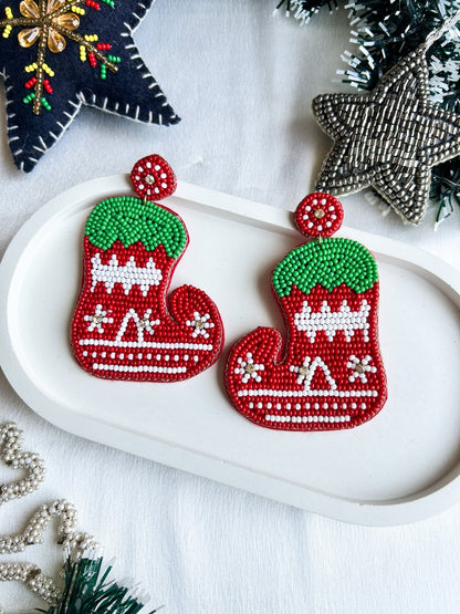 Elf Shoe Handmade Beaded Christmas Earrings